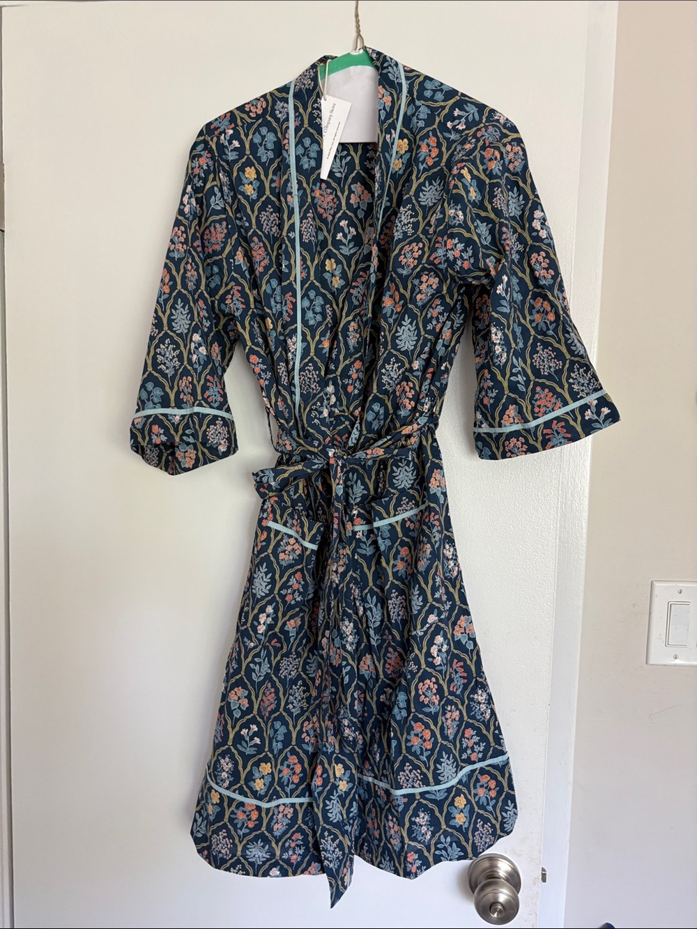 The Company Store Navy Floral Cotton Robe with Light Blue Piping